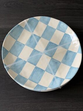 BLUE CHECKERED Plates Shiny Dinner Salad appetizer Plate Melamine Checker x4 pc